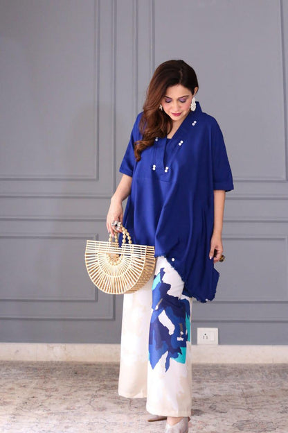 Cotton Co-ord Set for Women | Loose Fit Kaftan Top with Wide Leg Palazzo Pants | Blue Summer Outfit for Travel & Work