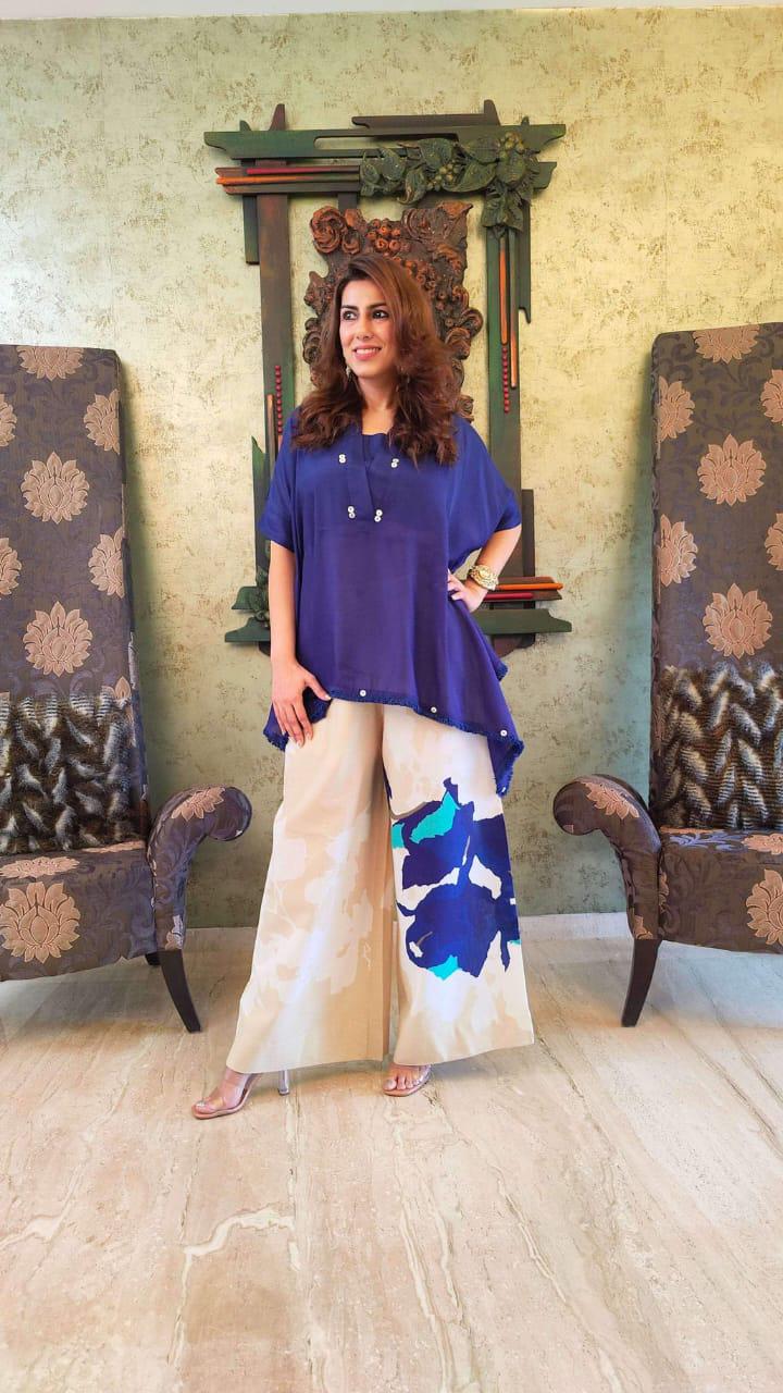 Cotton Co-ord Set for Women | Loose Fit Kaftan Top with Wide Leg Palazzo Pants | Blue Summer Outfit for Travel & Work