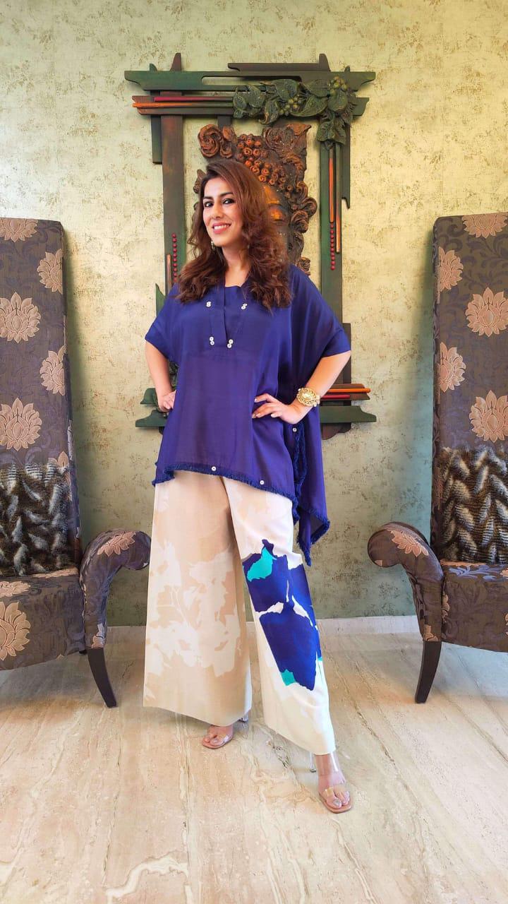 Cotton Co-ord Set for Women | Loose Fit Kaftan Top with Wide Leg Palazzo Pants | Blue Summer Outfit for Travel & Work