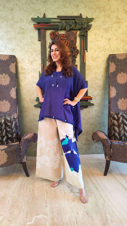 Cotton Co-ord Set for Women | Loose Fit Kaftan Top with Wide Leg Palazzo Pants | Blue Summer Outfit for Travel & Work