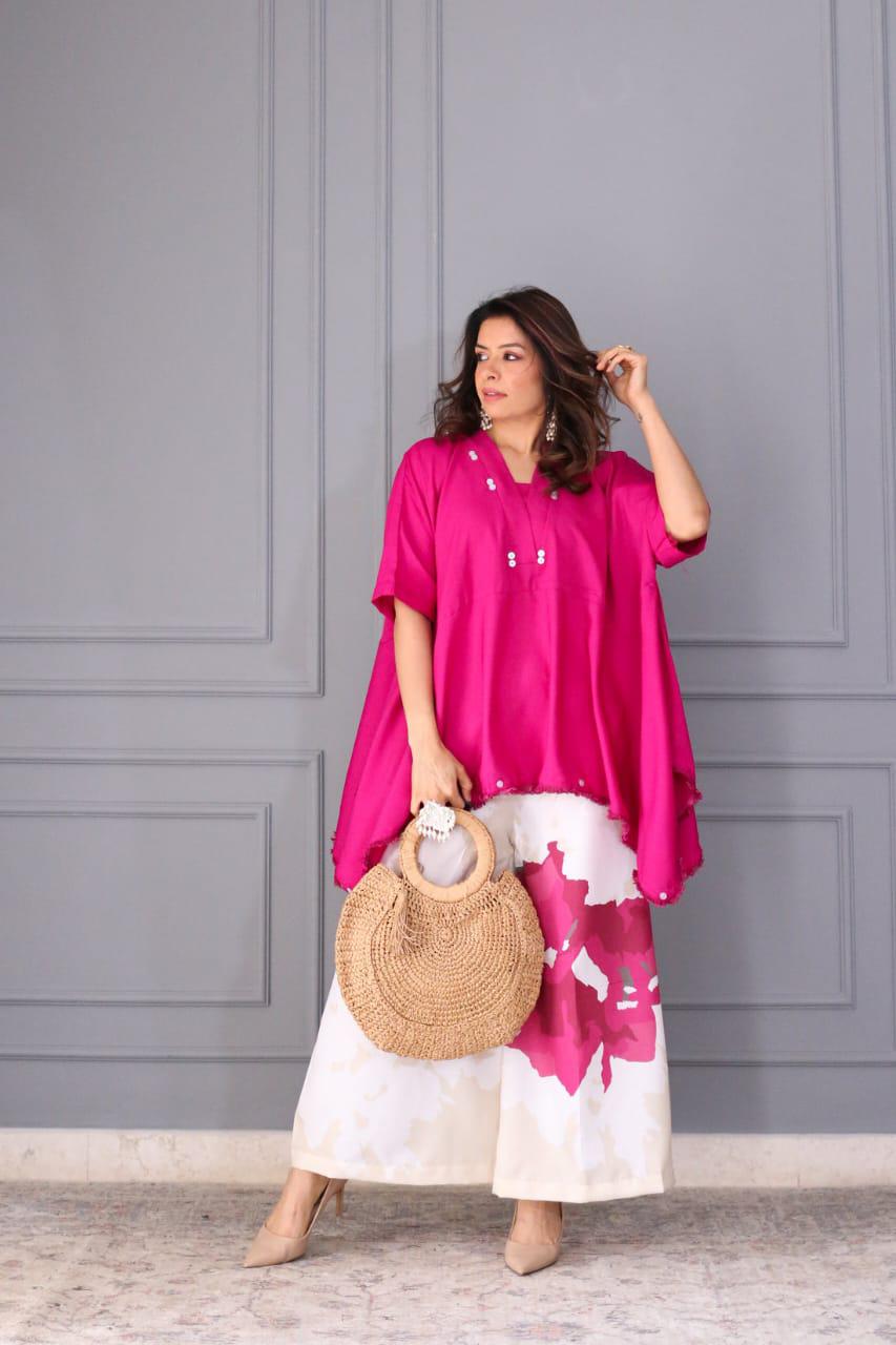 Handmade Cotton Co-ord Set for Women | Loose Fit Kaftan Top with Wide Leg Palazzo Pants | Summer Travel & Work Outfit