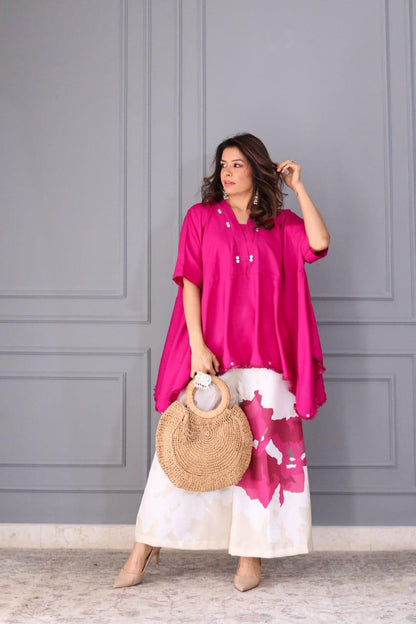 Handmade Cotton Co-ord Set for Women | Loose Fit Kaftan Top with Wide Leg Palazzo Pants | Summer Travel & Work Outfit