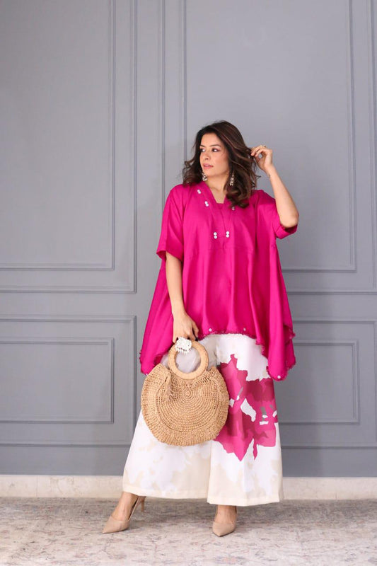 Handmade Cotton Co-ord Set for Women | Loose Fit Kaftan Top with Wide Leg Palazzo Pants | Summer Travel & Work Outfit