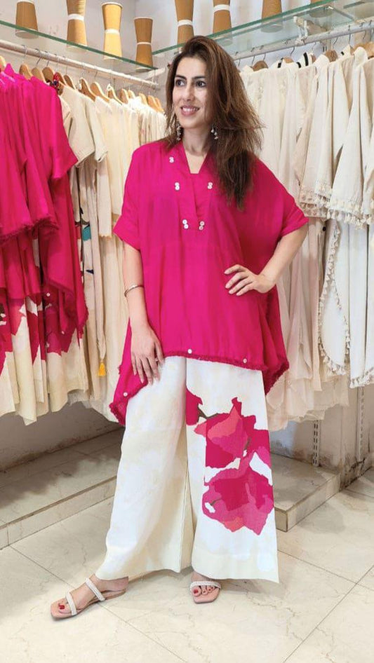 Handmade Cotton Co-ord Set for Women | Loose Fit Kaftan Top with Wide Leg Palazzo Pants | Summer Travel & Work Outfit