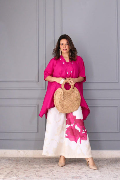 Handmade Cotton Co-ord Set for Women | Loose Fit Kaftan Top with Wide Leg Palazzo Pants | Summer Travel & Work Outfit