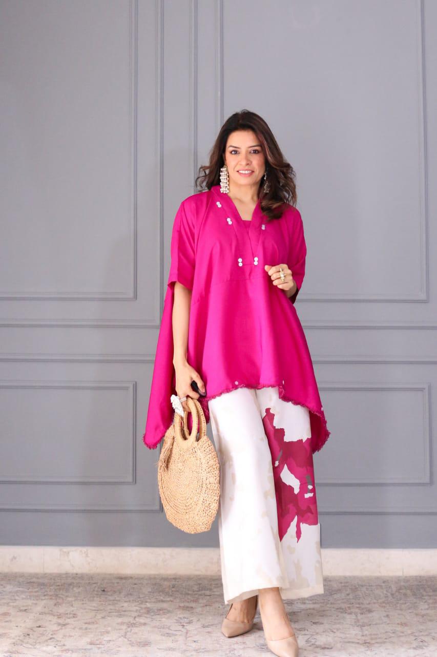 Handmade Cotton Co-ord Set for Women | Loose Fit Kaftan Top with Wide Leg Palazzo Pants | Summer Travel & Work Outfit