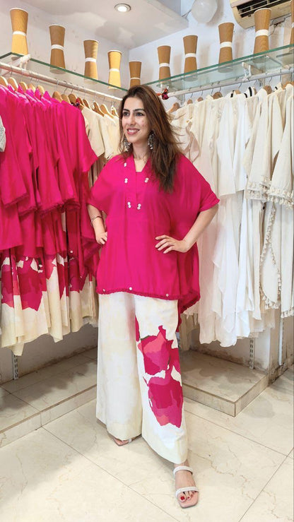Handmade Cotton Co-ord Set for Women | Loose Fit Kaftan Top with Wide Leg Palazzo Pants | Summer Travel & Work Outfit