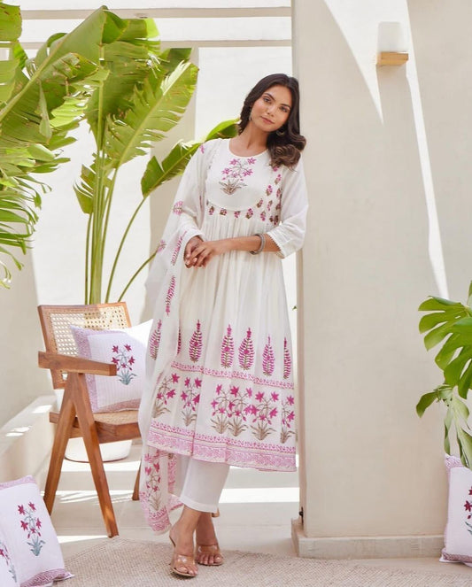 Handmade Cotton Kurta Pant Dupatta Set | Jaipur Floral Print Suit | Women’s 3 Piece Ethnic Outfit