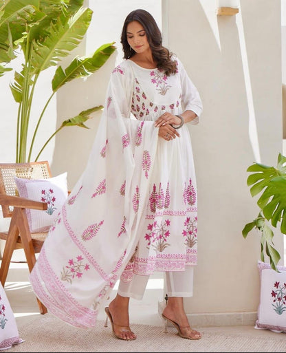 Handmade Cotton Kurta Pant Dupatta Set | Jaipur Floral Print Suit | Women’s 3 Piece Ethnic Outfit
