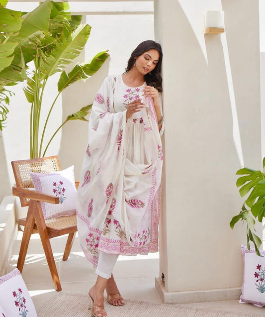 Handmade Cotton Kurta Pant Dupatta Set | Jaipur Floral Print Suit | Women’s 3 Piece Ethnic Outfit
