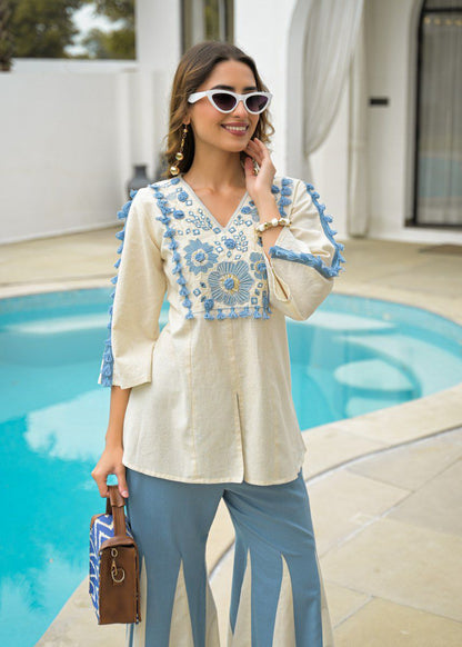 Chic Embroidered Co-Ord Set – Cotton Top with Kali Pants (Comfort Meets Style)