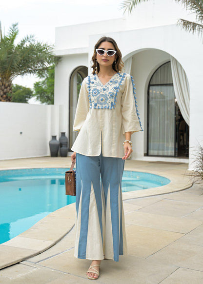Chic Embroidered Co-Ord Set – Cotton Top with Kali Pants (Comfort Meets Style)
