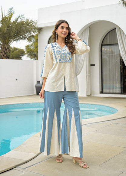 Chic Embroidered Co-Ord Set – Cotton Top with Kali Pants (Comfort Meets Style)