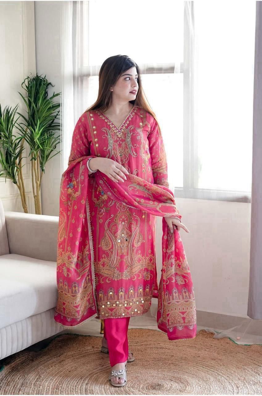 Multicoloured 3-Piece Suit Set in Satin with Heavy Work & Dupatta