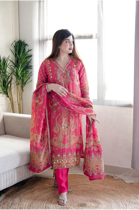 Multicoloured 3-Piece Suit Set in Satin with Heavy Work & Dupatta