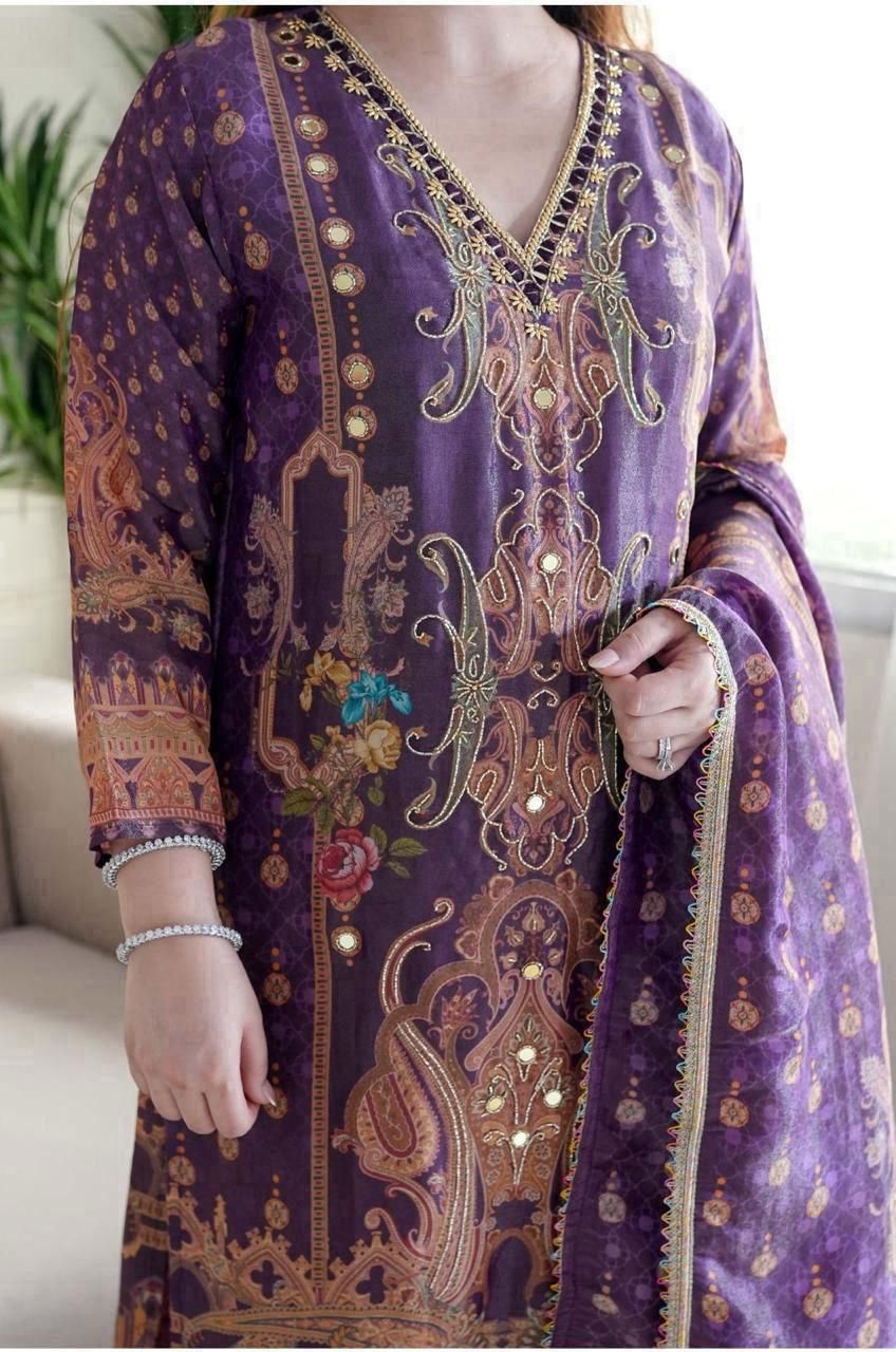 Multicoloured 3-Piece Suit Set in Satin with Heavy Work & Dupatta
