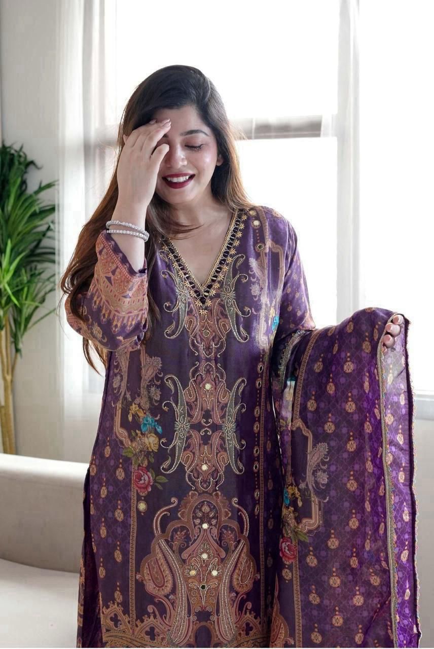 Multicoloured 3-Piece Suit Set in Satin with Heavy Work & Dupatta