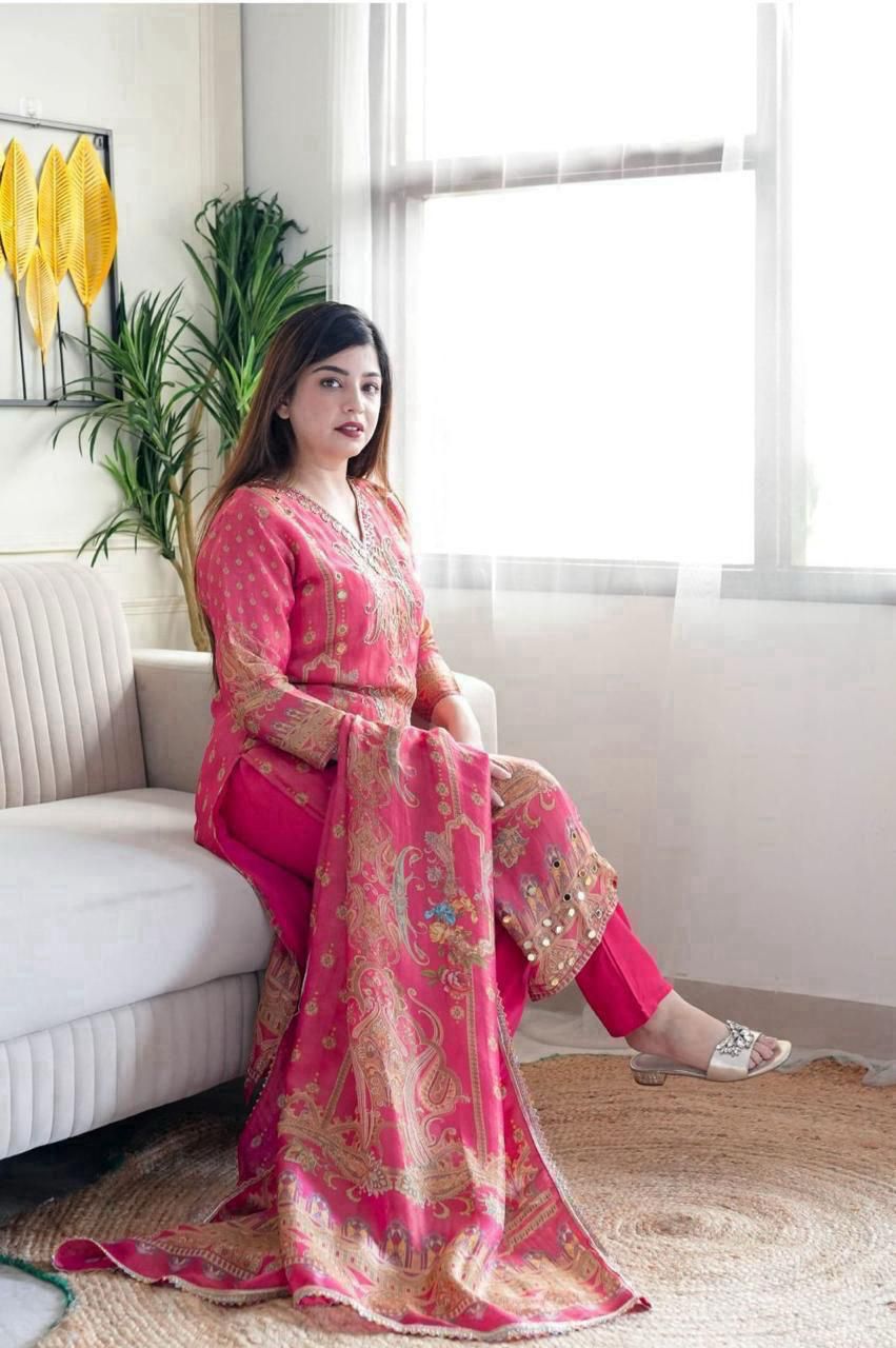 Multicoloured 3-Piece Suit Set in Satin with Heavy Work & Dupatta