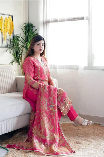 Multicoloured 3-Piece Suit Set in Satin with Heavy Work & Dupatta