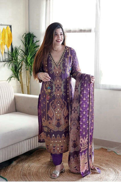 Multicoloured 3-Piece Suit Set in Satin with Heavy Work & Dupatta