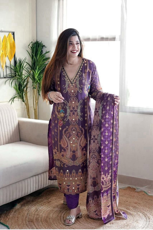 Multicoloured 3-Piece Suit Set in Satin with Heavy Work & Dupatta