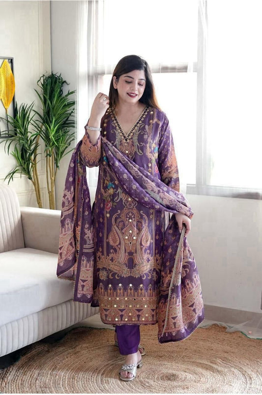 Multicoloured 3-Piece Suit Set in Satin with Heavy Work & Dupatta