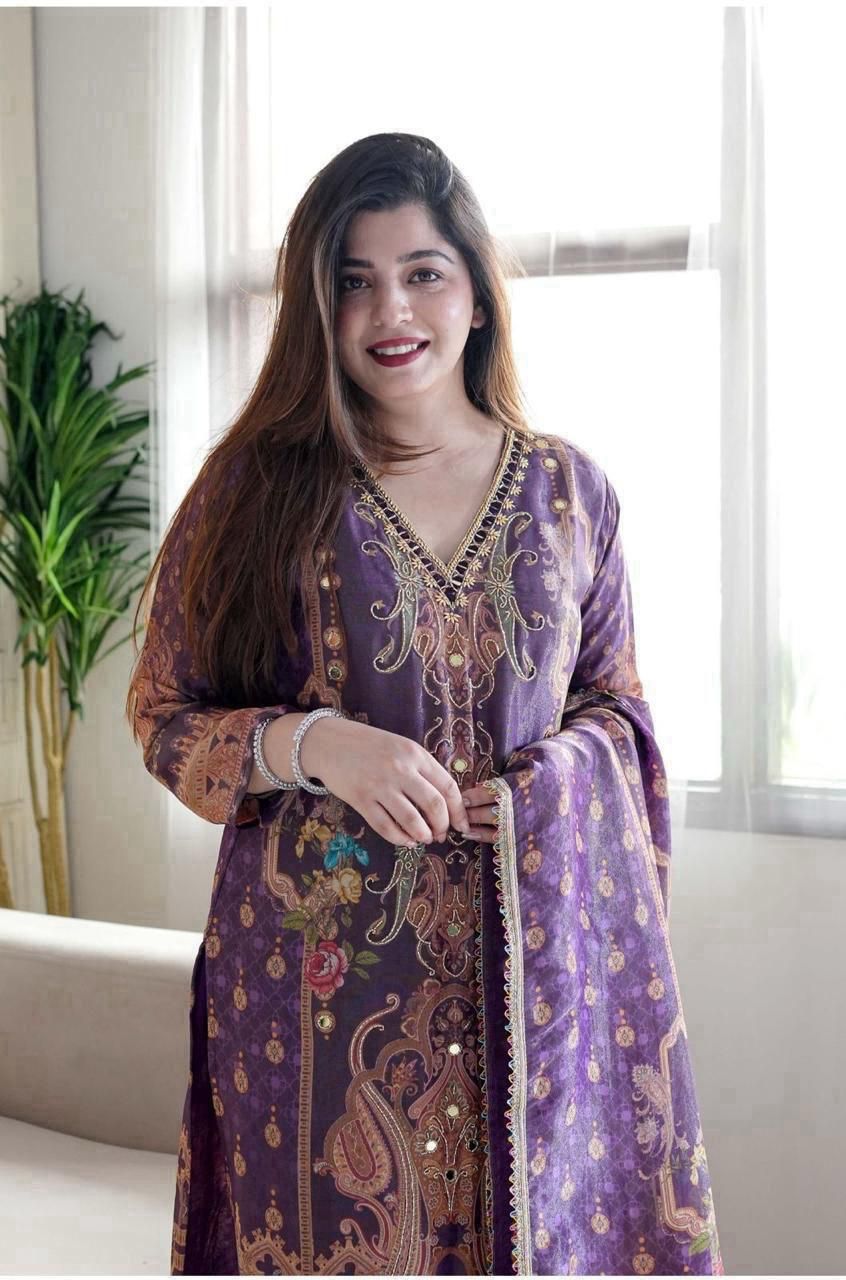Multicoloured 3-Piece Suit Set in Satin with Heavy Work & Dupatta