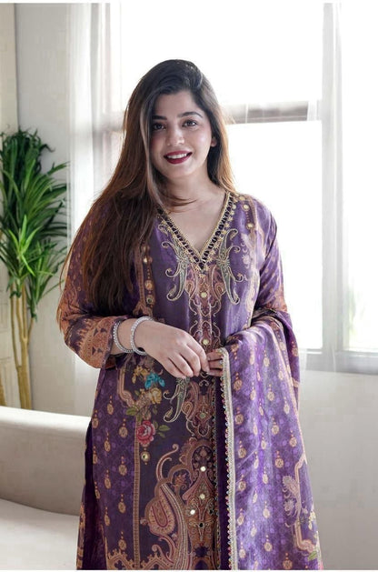 Multicoloured 3-Piece Suit Set in Satin with Heavy Work & Dupatta