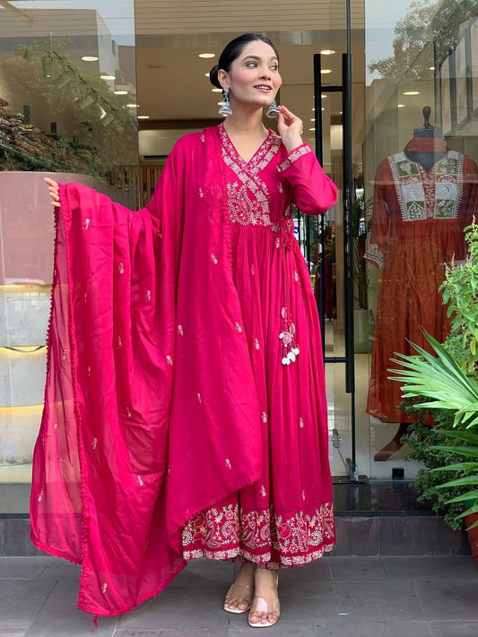 Karwachauth Special – Premium Angrakha Kurti Pant Dupatta Set
