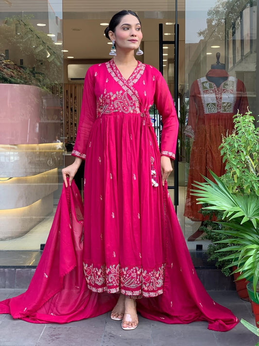 Karwachauth Special – Premium Angrakha Kurti Pant Dupatta Set