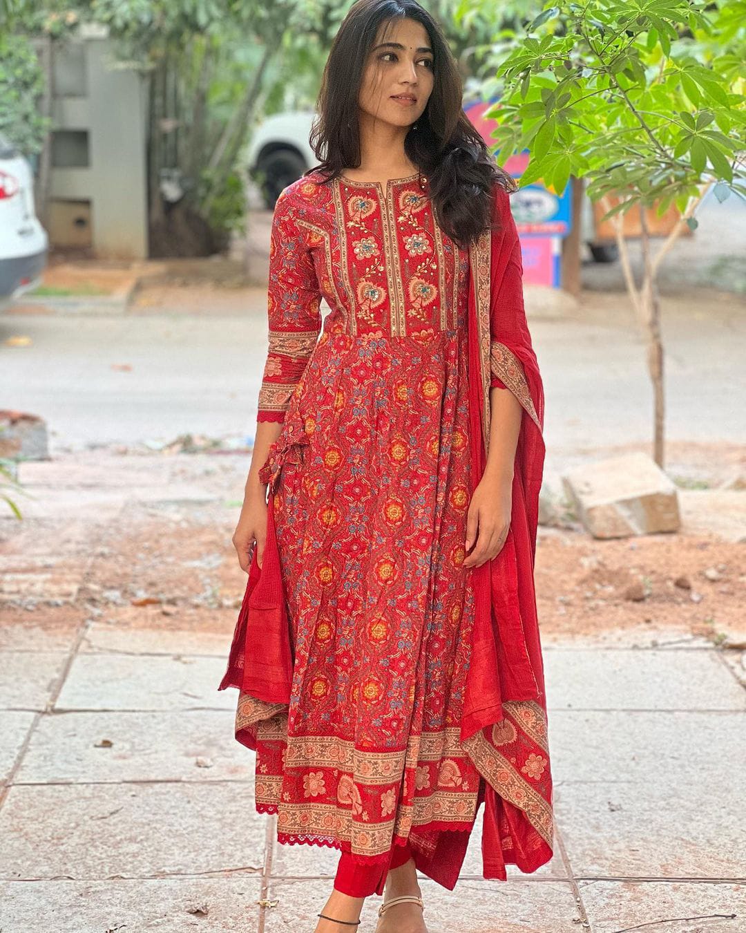 Saganeri Grace – Elegant Red Anarkali Kurta Set (Cotton)