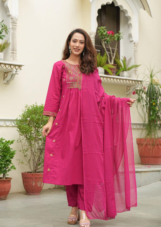 Cotton Anarkali Suit Set | Embroidered Kurta with Pant & Dupatta | Full Flair Anarkali Dress | 3 Piece Ethnic Outfit for Women