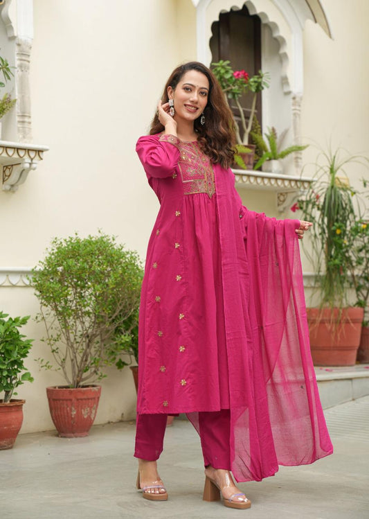 Cotton Anarkali Suit Set | Embroidered Kurta with Pant & Dupatta | Full Flair Anarkali Dress | 3 Piece Ethnic Outfit for Women