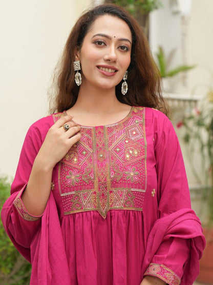 Cotton Anarkali Suit Set | Embroidered Kurta with Pant & Dupatta | Full Flair Anarkali Dress | 3 Piece Ethnic Outfit for Women