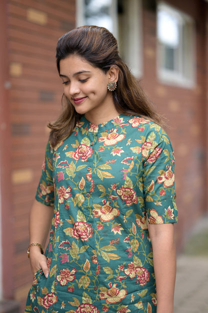Elegant Green Style Pure Cotton Floral Printed Coord Set
