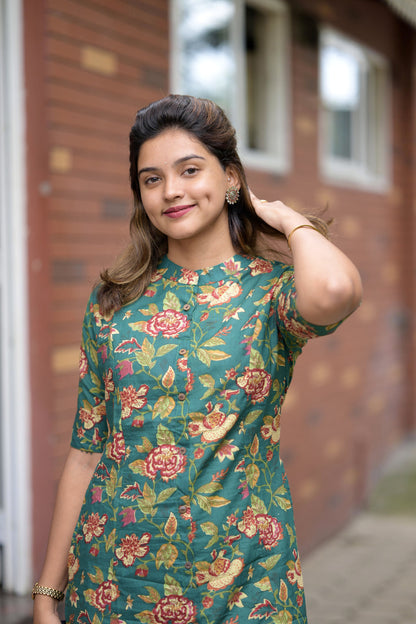 Elegant Green Style Pure Cotton Floral Printed Coord Set