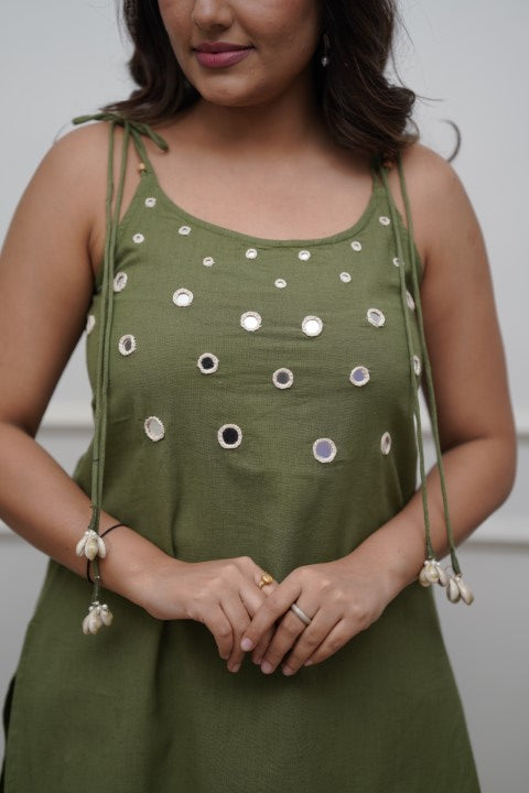 Handmade Olive Green Cotton Flex Co-ord Set | Sleeveless Kurta with Mirror Work & Pants | Ethnic Khadi Cotton Outfit