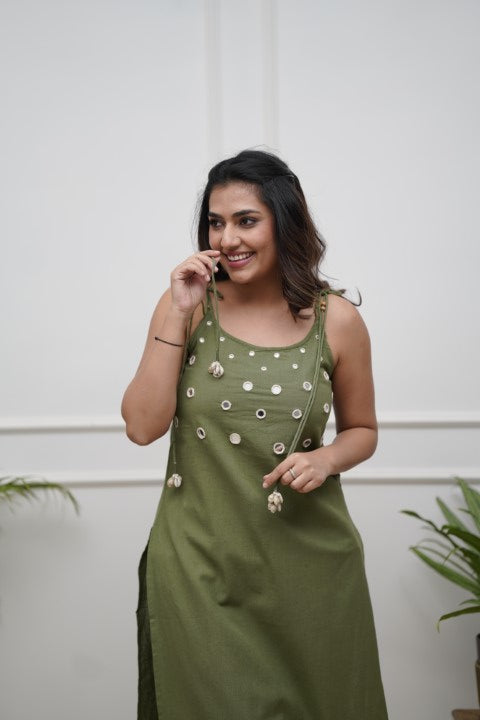 Handmade Olive Green Cotton Flex Co-ord Set | Sleeveless Kurta with Mirror Work & Pants | Ethnic Khadi Cotton Outfit
