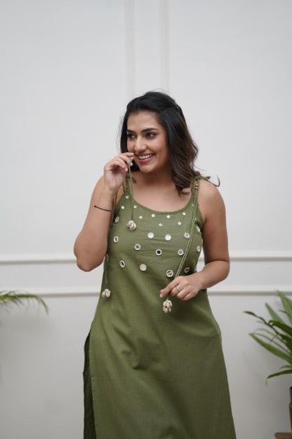 Handmade Olive Green Cotton Flex Co-ord Set | Sleeveless Kurta with Mirror Work & Pants | Ethnic Khadi Cotton Outfit