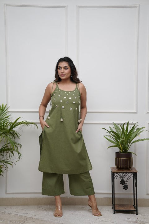 Handmade Olive Green Cotton Flex Co-ord Set | Sleeveless Kurta with Mirror Work & Pants | Ethnic Khadi Cotton Outfit