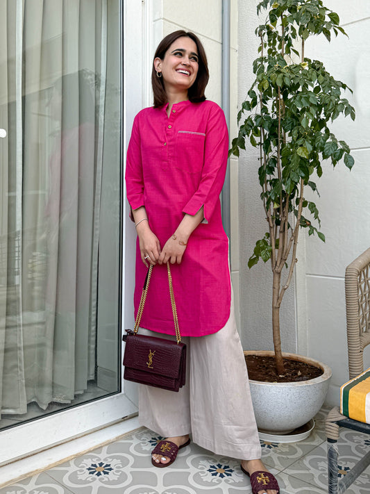 Women’s Pink Cotton Slub Kurta with Beige Cotton Flex Pants – Ethnic Co-ord Set