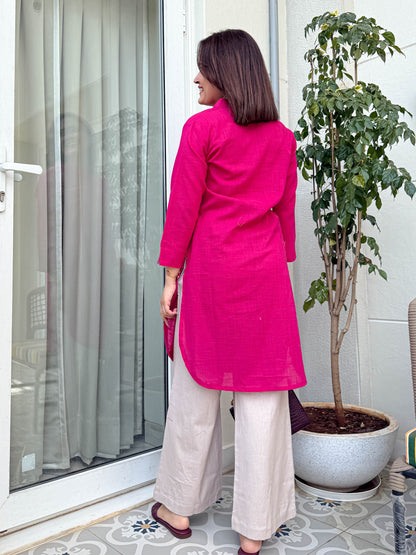 Women’s Pink Cotton Slub Kurta with Beige Cotton Flex Pants – Ethnic Co-ord Set