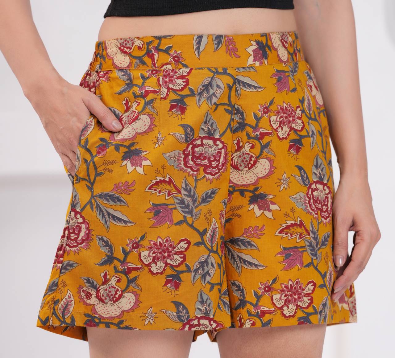 Yellow Printed Pure Cotton Shorts for Women – Detail View