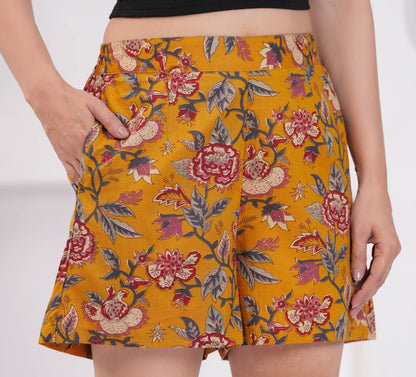 Yellow Printed Pure Cotton Shorts for Women – Detail View