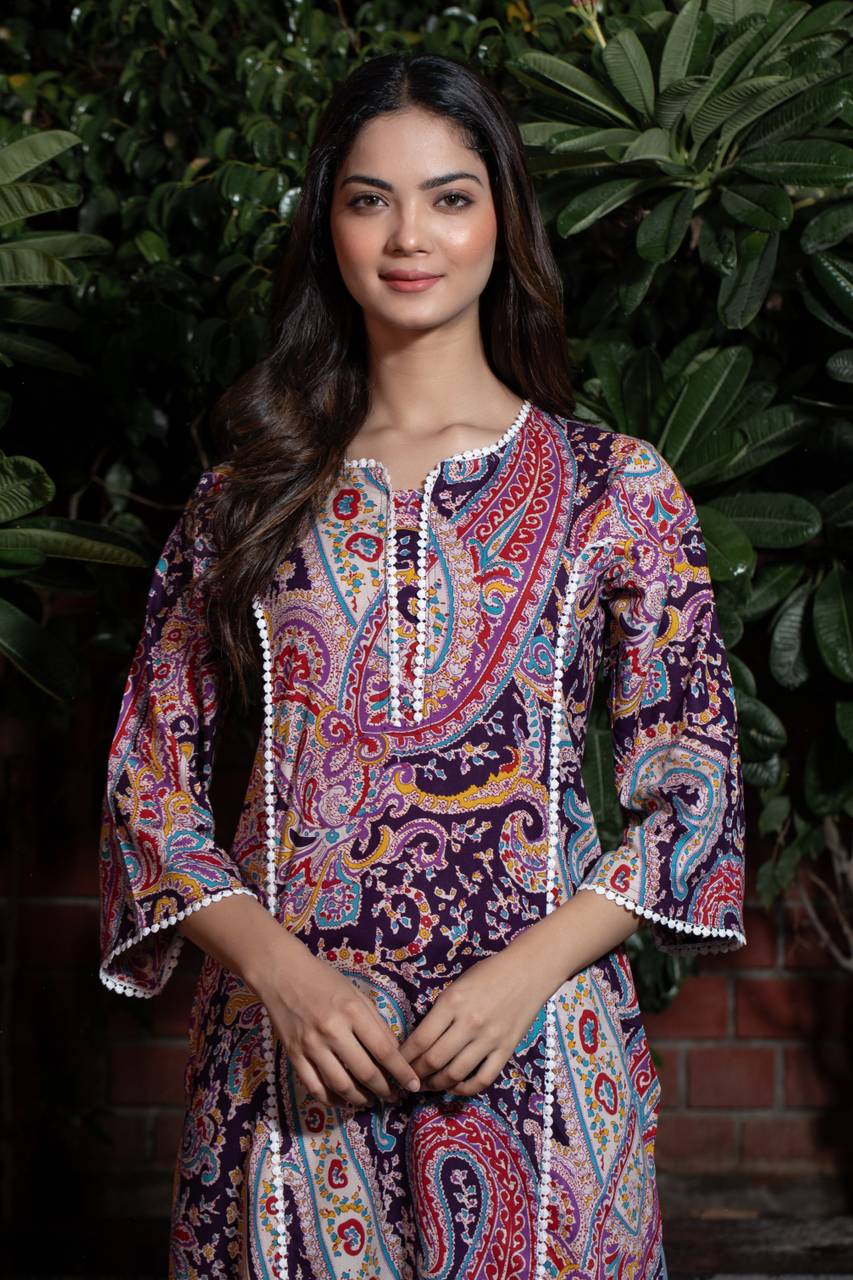 Women Self Design Cotton Pure Pakistani Long Kurta (Purple)