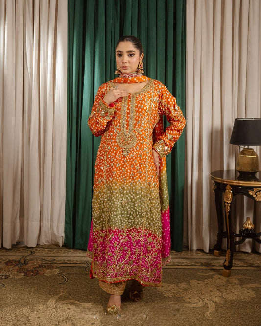 Handmade Chinon Silk Kurta Palazzo Dupatta Set | Indian 3 Piece Outfit | Artisan Embroidered Suit