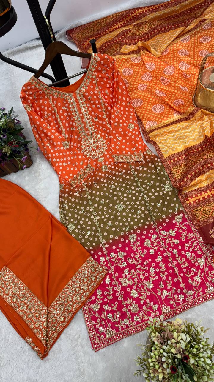 Handmade Chinon Silk Kurta Palazzo Dupatta Set | Indian 3 Piece Outfit | Artisan Embroidered Suit