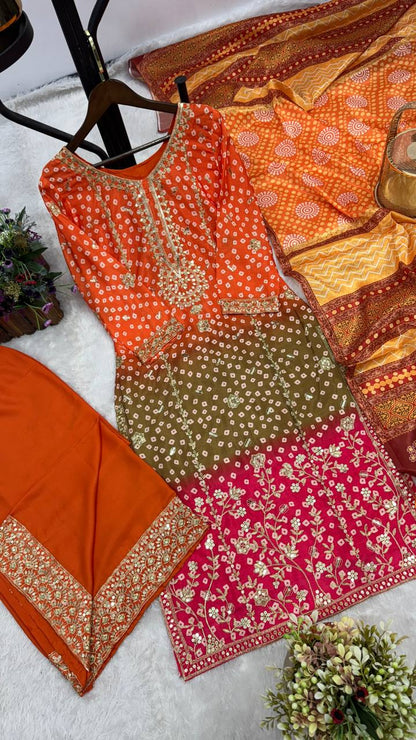 Handmade Chinon Silk Kurta Palazzo Dupatta Set | Indian 3 Piece Outfit | Artisan Embroidered Suit