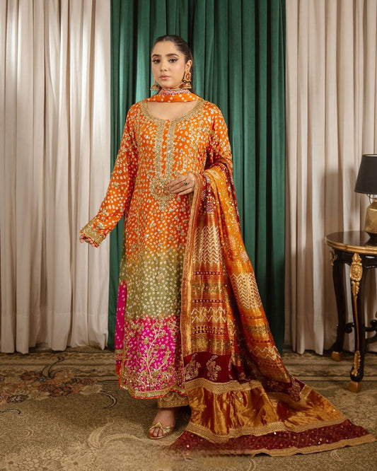 Handmade Chinon Silk Kurta Palazzo Dupatta Set | Indian 3 Piece Outfit | Artisan Embroidered Suit
