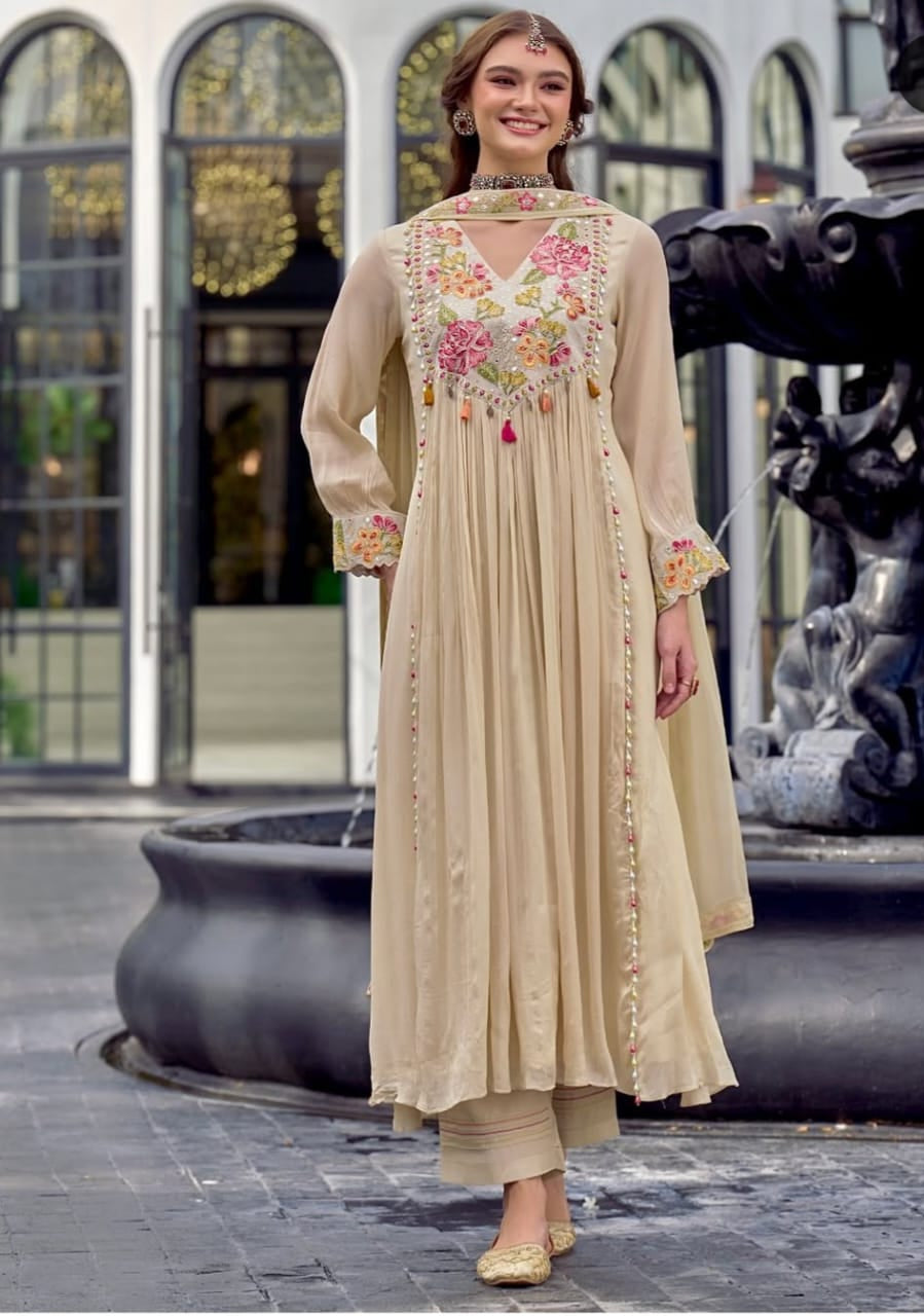 Cotton A-Line Full Flair Kurti Dupatta Set – Heavy Computer Embroidery on Yoke & Sleeves, Front View
